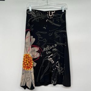 Desigual A-Line Skirt S Black Signature Sunflower Print Y2k Style 47F2816